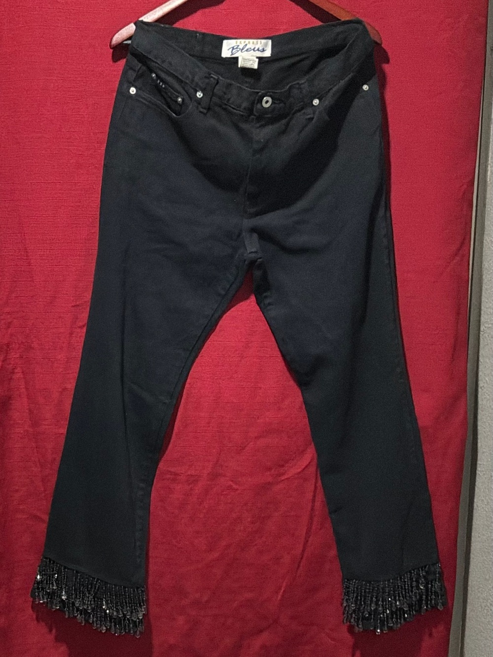 Express Black Wide Leg Jeans with Beaded Fringe Hem